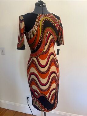 NWT-JustTaylor Colorblock Retro Wave Midi Dress in Orange, Black, Cream and pri